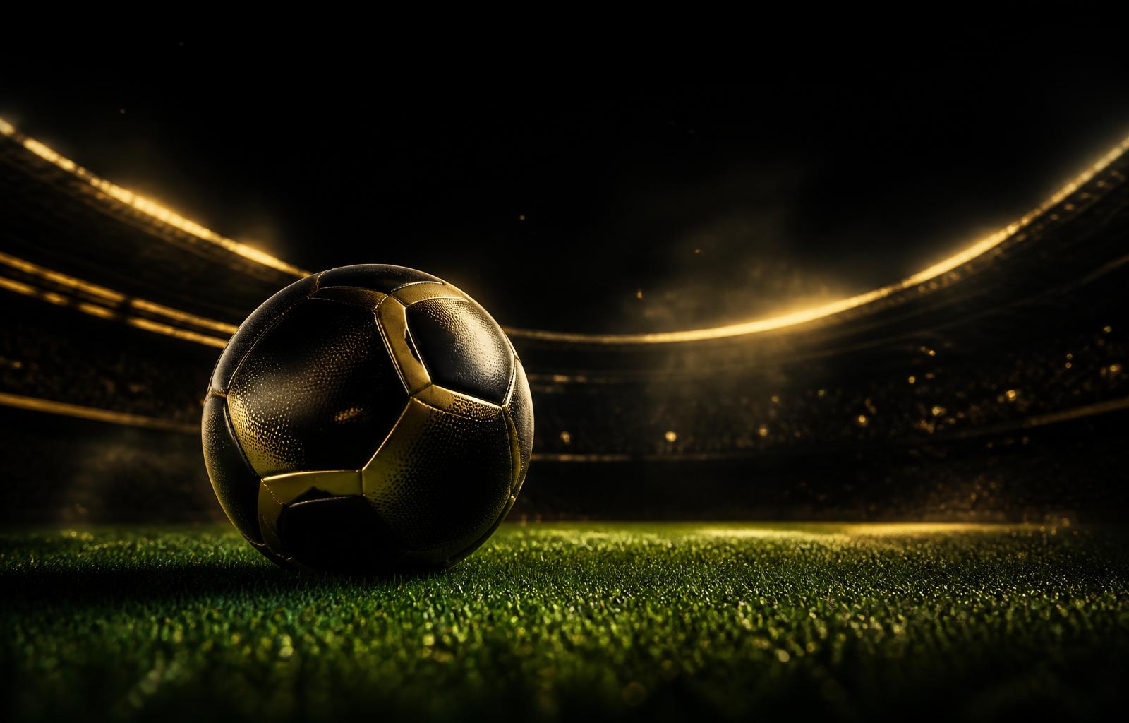 Bola de futebol dourada em estádio iluminado